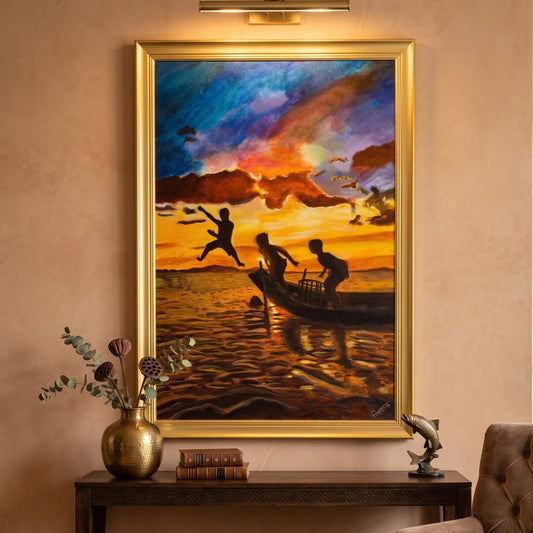 The Golden Leap joyful mid-air jump canvas wall art